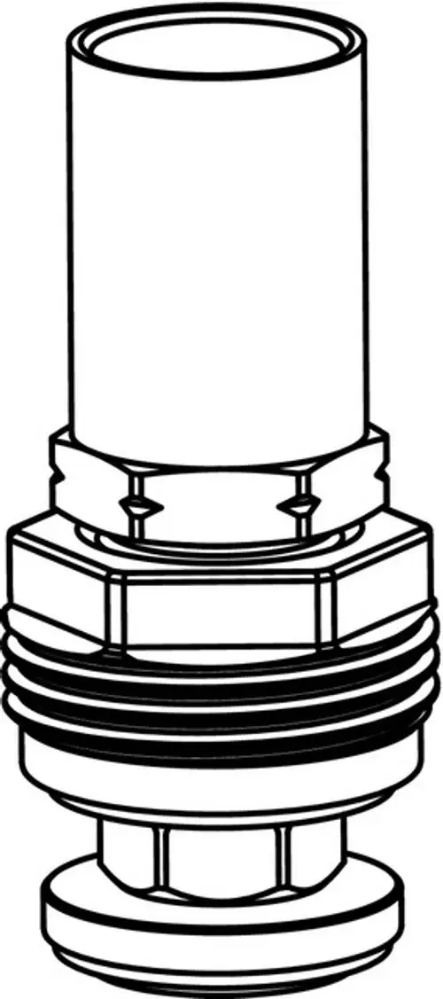 Schematische Darstellung eines Verbindungsstücks mit mehreren Gewindegängen, gefertigt von IMI Hydronic Engineering. Einsatz in Heizungsanlagen zur Verbindung von Komponenten.